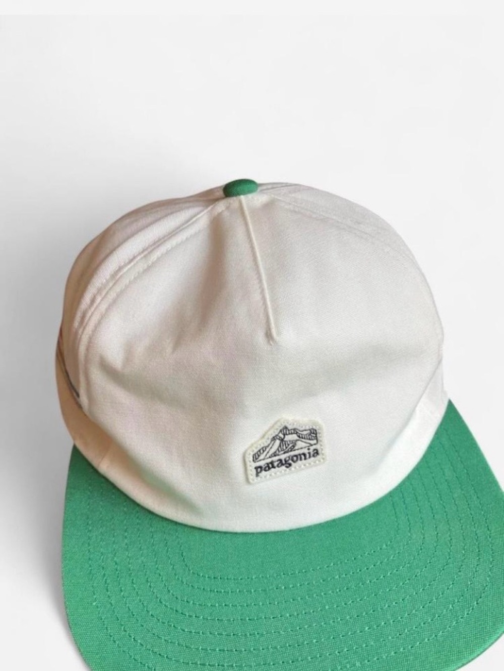 Patagonia White Cap with Stripes and Green Brim Retro SnapBack
